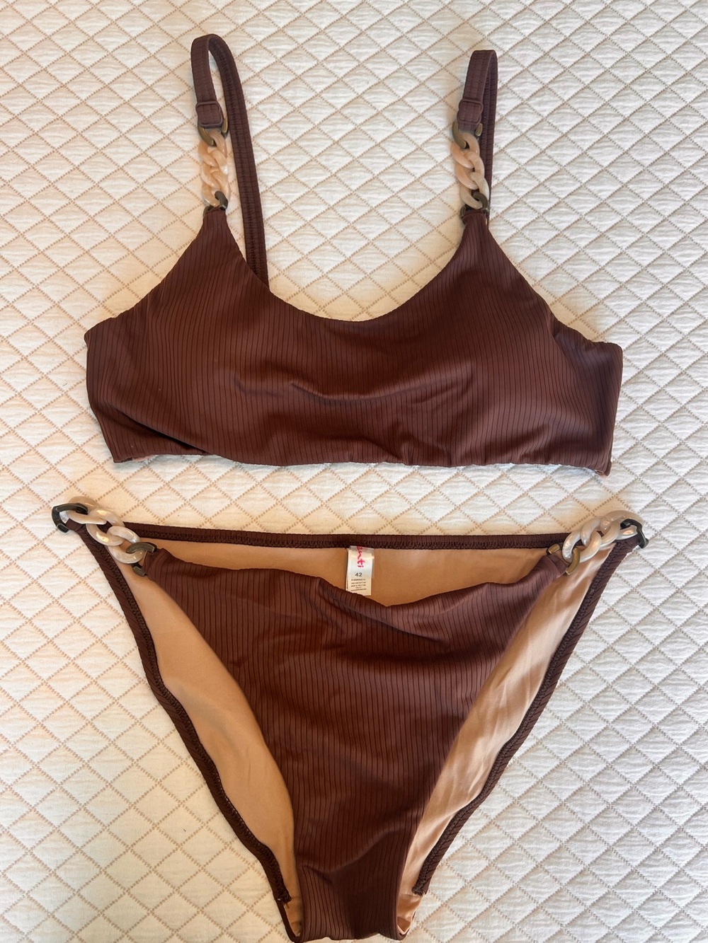 Penti Women’s Brown Ribbed Bikini Set with Chain Accents NWOT EU42 slimfit